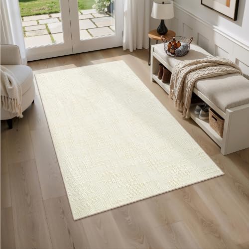 Valenrug 4x6 Area Rug, High-Low Pile Washable Rug for Living Room, Ivory