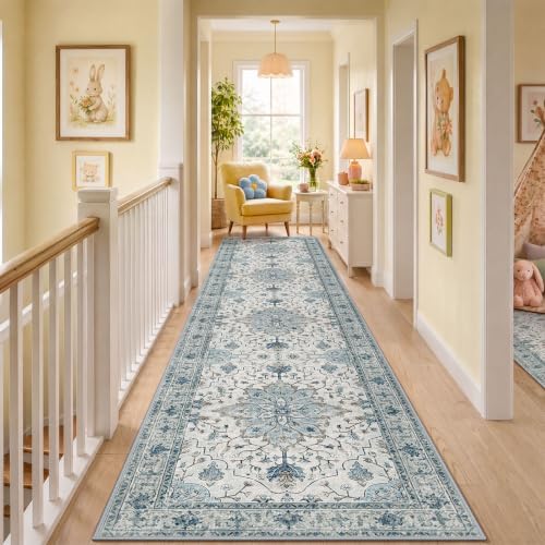 RELEANY Washable Area Rug, Runner 3'x12', Blue/White/Gray