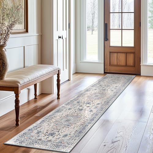 BESTSWEETIE Washable Boho 2x8 Runner Rug, No Pile, Living Room, Beige Blue