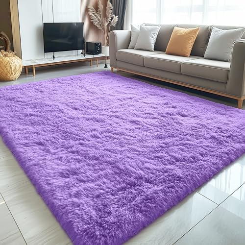 OLANLY 5x7 Machine Washable Large Area Rugs for Living Room, Bedroom, Soft Fluffy Shaggy Bedside Rug, Indoor Floor Carpet for Kids Girls and Boys, Dorms, Nursery, Home Decor Aesthetic, Purple