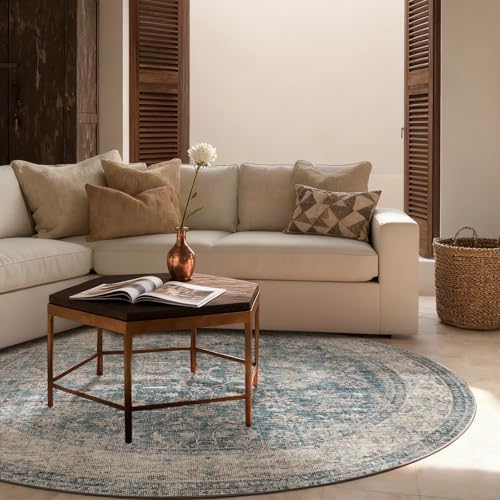 4x4 Round Living Room Rug: Washable Bedroom Rug Stain Resistant Boho Rug Non Slip Low Pile Small Carpet for Bedroom Kitchen Entryway Living Room Bedside Office Dorm Kids Room Entrance