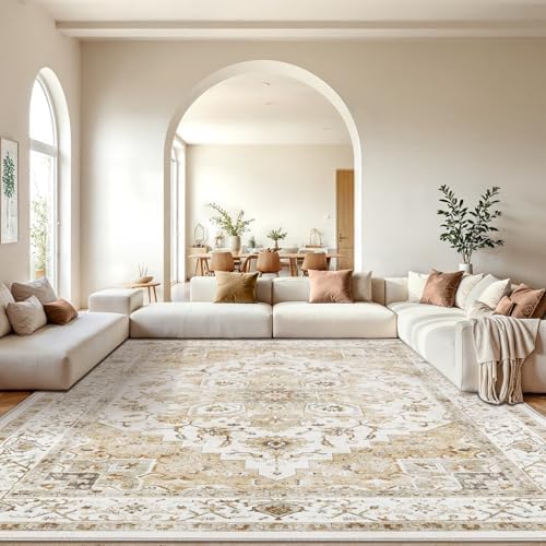 Amada Large 10x14 Washable Area Rug for Living Room, Beige, Boho Vintage