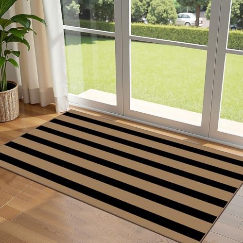 Front Door Mat Indoor Entrance - 2x4.3 Ft Black Tan Striped Rug