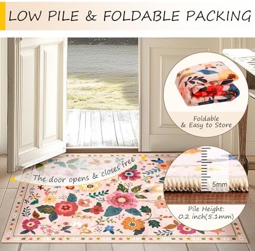 RELEANY Floral Washable 4x6 Area Rugs Pink