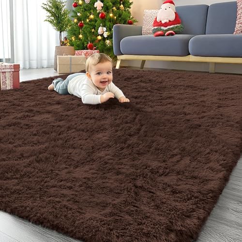 OLANLY 4.9x4.9 Area Rugs for Living Room Bedroom, Machine Washable Soft Fluffy Shaggy Bedside Rug, Indoor Floor Carpet for Kids Girls and Boys, Dorms, Nursery Rooms, Home Decor Aesthetic, Coffee