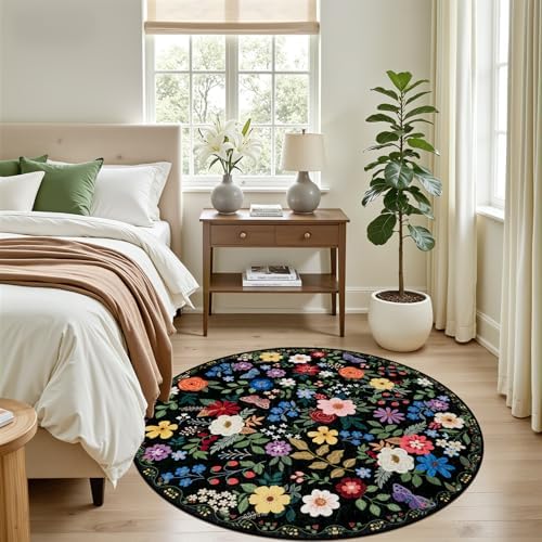PLHXFR Round Area Rug Living Room: 4 ft Floral Washable Soft Carpet Black