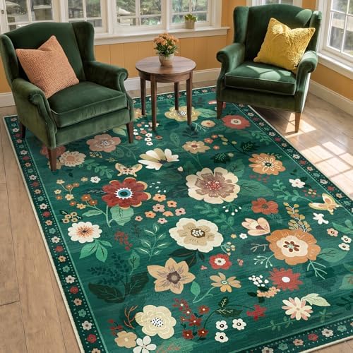 RELEANY Floral Washable 3x5 Area Rugs DarkGreen