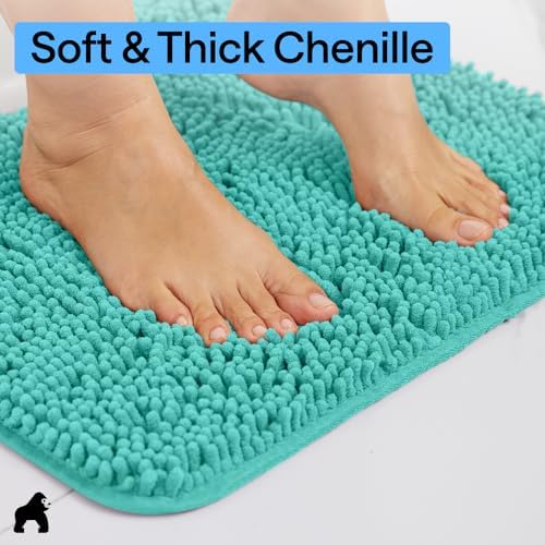 GORILLA GRIP Bath Rug Mat for Bathroom, Absorbent Chenille, 30x20 Turquoise
