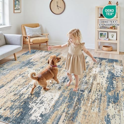 9x12 Area Rugs for Living Room Large Washable Abstract Rug Brown/Blue