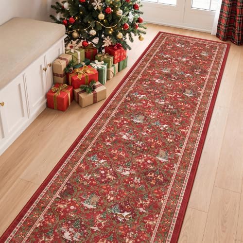 2x8 Christmas Runner Rug for Hallway,Washable Kitchen Rug,Red