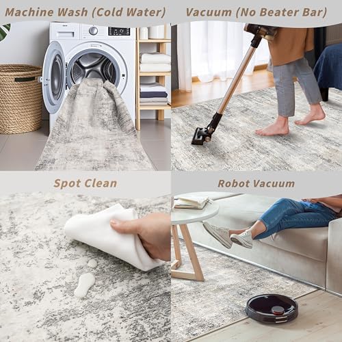 2x8 Washable Hallway Runner Rug – Non-Slip Modern Abstract Neutral Low-Pile Stain-Resistant Carpet Runner for Kitchen Entryway Bedroom Bathroom (Gray Beige,2x8)
