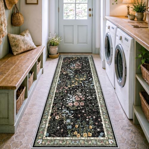 Washable Hallway Runner Rug 3x8: Vintage Botanical Floral Rug for Apartment Hallway Foyer - Machine Washable Non Slip Low Pile Carpet - Soft Foldable Runner for High Traffic Areas - 3'x8' Black
