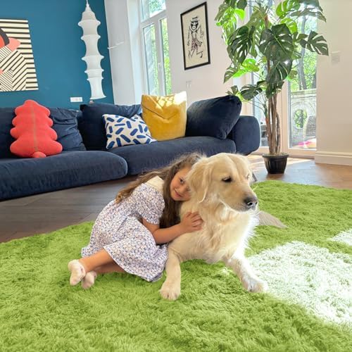 OLANLY 9x12 Machine Washable Large Area Rugs for Living Room, Bedroom, Soft Fluffy Shaggy Bedside Rug, Indoor Floor Carpet for Kids Girls and Boys, Dorms, Nursery, Home Decor Aesthetic, Grass Green