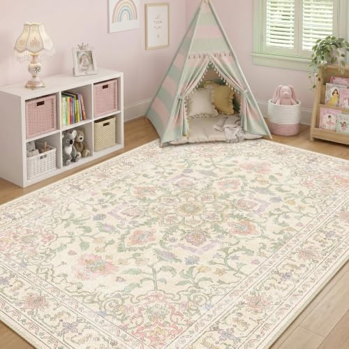 CAPALOCA 8x10 Washable Nursery Girls Low Pile Area Rug Purple Green Pink