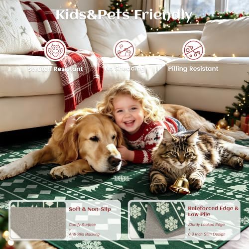 5x7 Christmas Holiday Area Rug, Washable Non‑Slip Low‑Pile Xmas Large Rugs for Living Room Bedroom Dining Room, Winter Indoor Christmas Home Decor(Green Sweater Bauble)