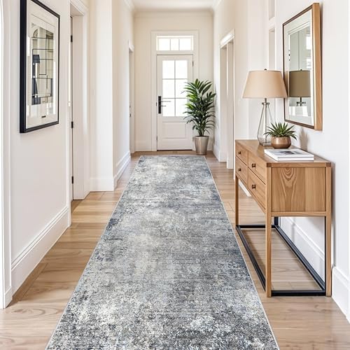 4x12 Wide Runner Rug for Hallway, Washable Non Slip Long Kitchen Rug, Soft Low Pile Carpet for Entryway Bedroom, Modern Abstract Area Rug（Blue Grey,4x12）
