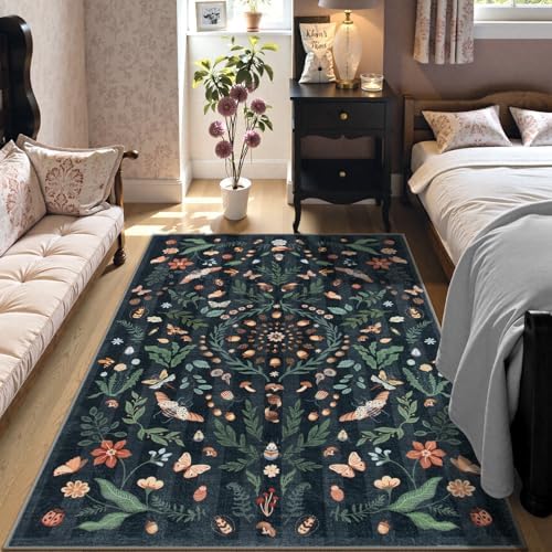 Lahome Washable Insect Botanical 6x9 Area Rugs for Nursery - Machine Washable Non-Slip Black Bedroom Rug, Boho Low Profile Soft Faux Wool Carpet for Living Room Laundry Playroom Dining Room