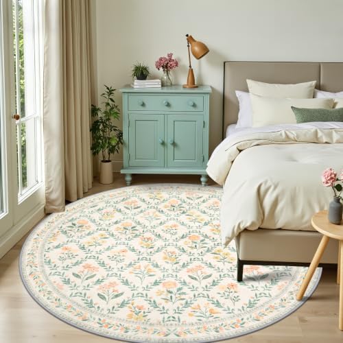 PLHXFR Round Area Rug Living Room: 8 ft Floral Washable Carpet Beige Multi