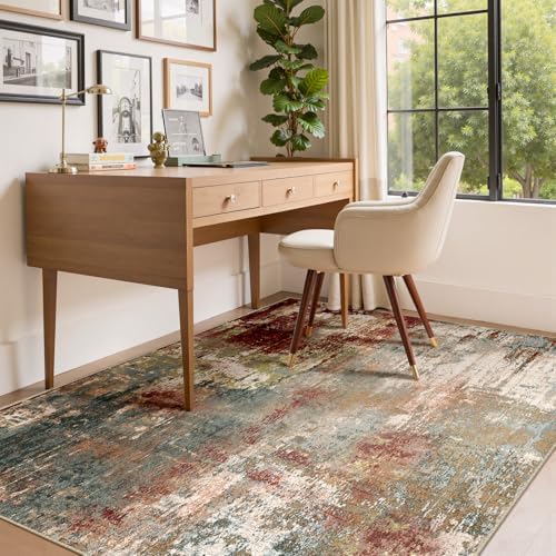 RELEANY Washable 4'x5' Abstract Area Rug for Living Room Rustic Brown
