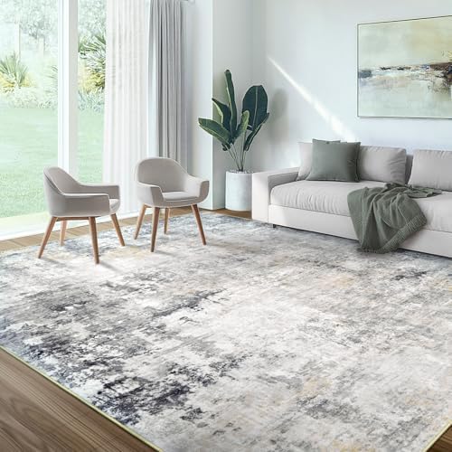 Area Rug Living Room Rugs - 9x12 Modern Abstract Soft Indoor Neutral Washable Rug Stain Resistant Non-Slip Low Pile Carpet for Bedroom Dining Room Home Office - Charcoal Grey