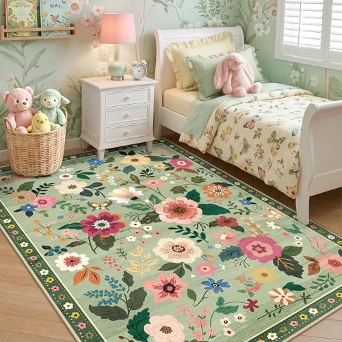 RELEANY Floral Washable 4x6 Area Rugs LightGreen