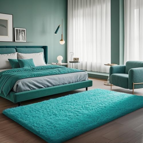 Ophanie Teal Rugs for Bedroom Living Room, Fluffy Fuzzy Furry Carpet, Plush Soft Shaggy Bedside Indoor Floor 4x6 Area Rug for Kids Girls Boys Baby Teen Dorm Nursery Decor with Over 99 pcs Pile fibers