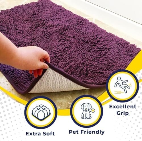 Muddy Mat® | Super Water Absorbent Door Mat Indoor, Microfiber Quick Dry Chenille Entryway Rug,Slip Resistant Front Door Mat,Indoor Mats for Entryway,Machine Washable Pet Rug, Dark Purple 3ft x 8ft
