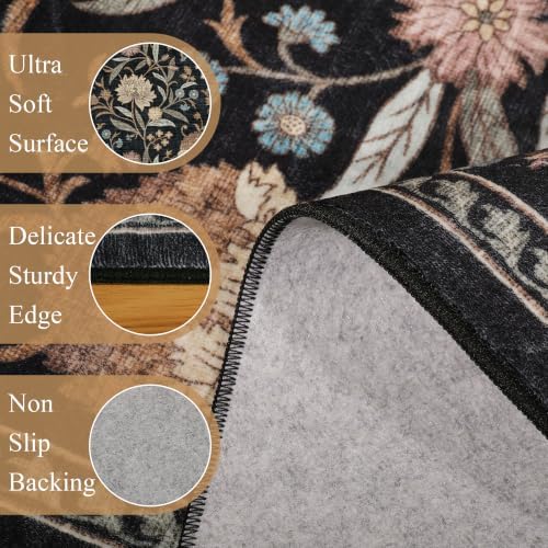 DUKINO 3x5 Rug, Washable Vintage Floral Bedroom Area Rug Non Slip, Black