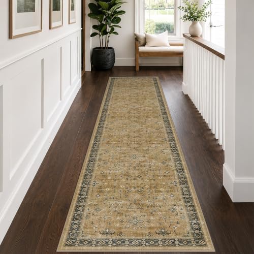 Washable 2x10 Entryway Long Runners for Hallways, Kitchen Floor Mat for Indoor Entrance, Vintage Rustic Brown and Charcoal Olive Decor, Non-Slip Stain Resistant Low-Pile Throw Rug