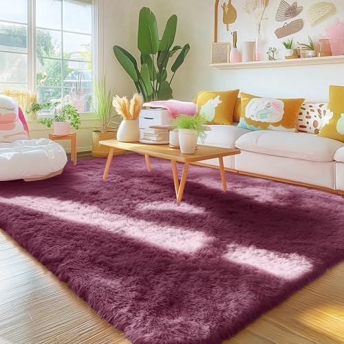 OLANLY Area Rugs for Living Room Bedroom, Machine Washable 4x5.9 ft Soft Fluffy Shaggy Bedside Rug, Indoor Floor Carpet for Kids Girls and Boys, Dorms, Nursery Rooms, Home Decor Aesthetic, Burgundy