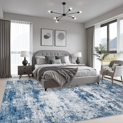 8x10 Area Rug Living Room: Modern Washable Indoor Soft Carpet Blue