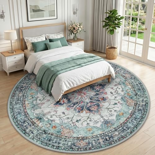 RELEANY Washable Area Rug, Round 10ft, Teal Green/White/Navy