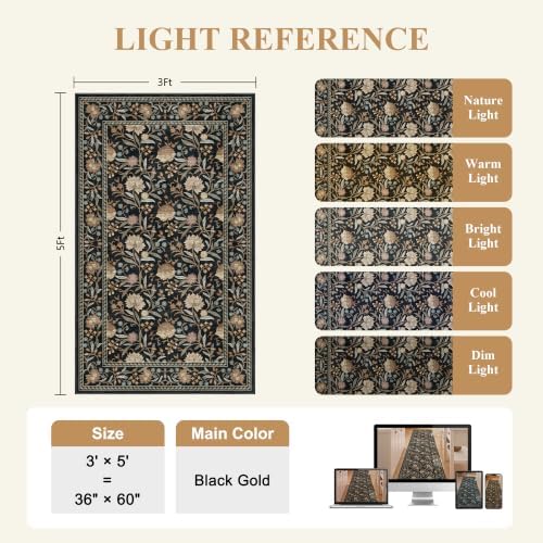 DUKINO 3x5 Rug, Washable Vintage Floral Bedroom Area Rug Non Slip, Black