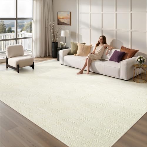 Valenrug 9x12 Area Rug, High Low Pile Washable Rugs for Living Room Ivory