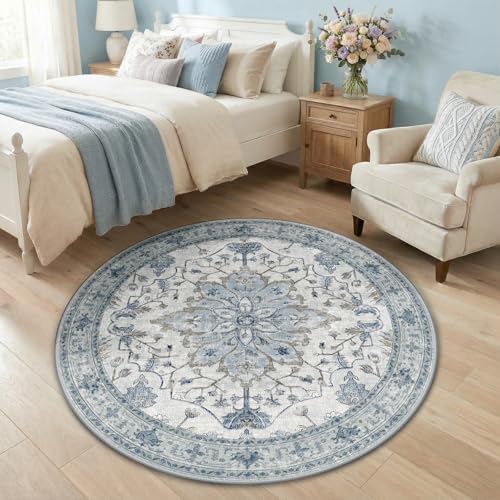 RELEANY Washable Area Rug, Round 4ft, Blue/White/Gray