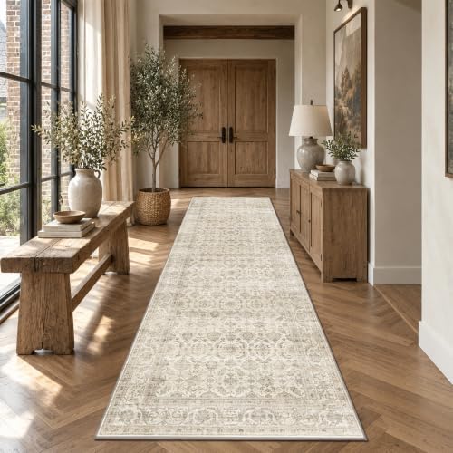 JOOJA 3x10 Neutral Beige Soft Low Pile Non Slip Machine Washable Runner Rug