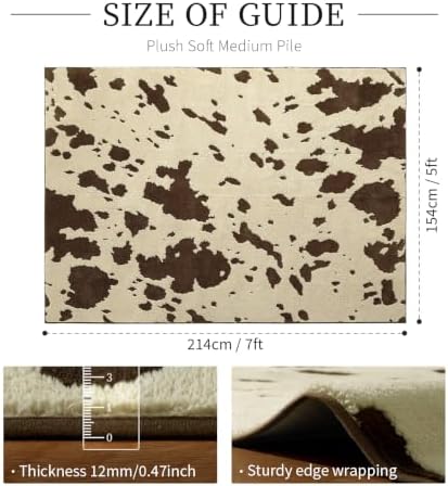YIHOUSE Cowhide Area Rugs 5×7 Ft, Washable Plush Soft Brown and Cream Cow Rug, Non-Slip High-Low Pile Animal Carpet for Living Room, Bedroom, Dining Room, Nursery, Western Home Decor