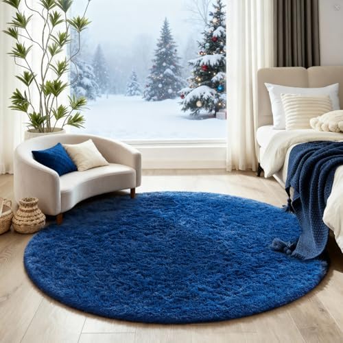 Ophanie Round Rug 4Ft Blue Circle Area Rug, Boys Room Decor, Fluffy Fuzzy Bedroom Carpet, Plush Soft Shaggy Living Room Rugs for Kids Home Decor Aesthetic, Nursery with 99 pcs Pile fibers