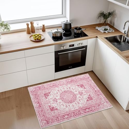 Macgace Washable Vintage Area Rug for Entryway, 2x3 Small Rugs Bright Pink