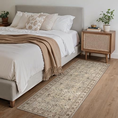 Bavni 2x10 Kitchen Runner Rug, Washable Non Slip, Cream Brown