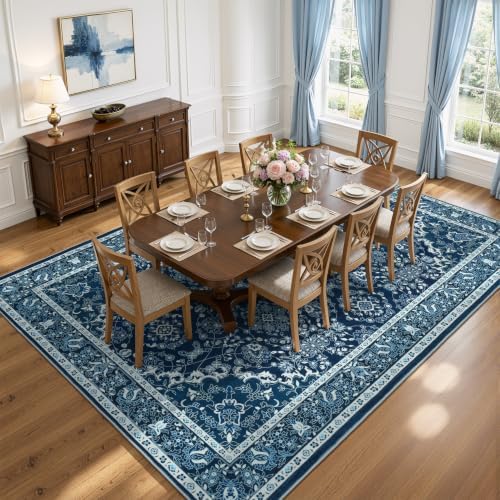 Lessymo Floral 8x10 Area Rugs for Living Room,Large Washable Carpet Blue