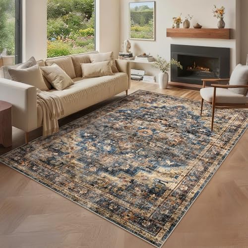 GarveeHome Vintage Area Rug 5x7 Washable Rugs for Living Room Blue&Brown