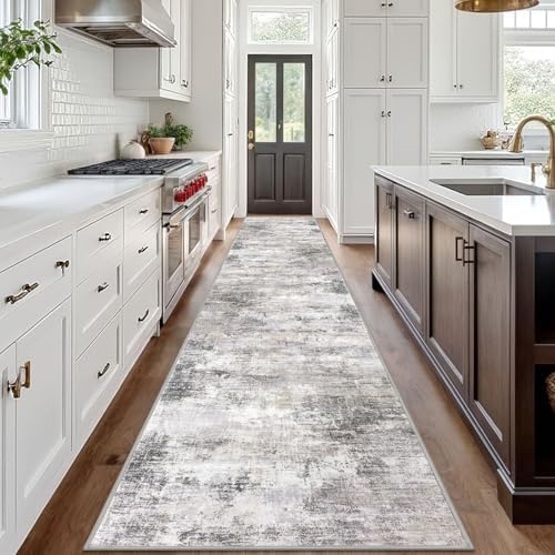 IOHOUZE Abstract Runner Rug 3x18 Ft Washable Runners for Hallways, Non Slip Kitchen Runner Printed Faux Wool Entryway Runner Indoor, Modern Abstract Floor Carpet for Hall Stair, Grey Beige
