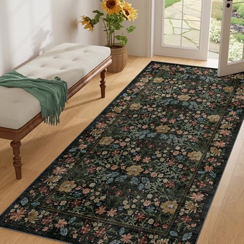 DUKINO 3x6 Kitchen Runner Rug, Washable Vintage Floral Area Rug, Black