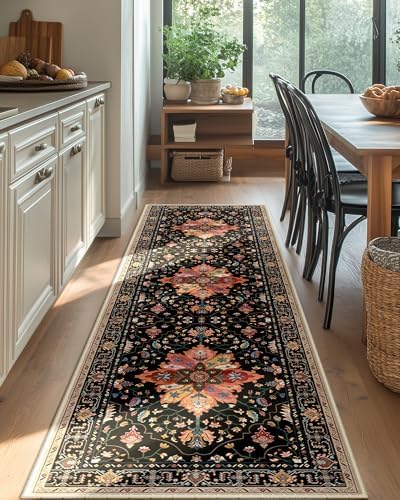 RELEANY Washable Area Rug, Runner 2'x8', Black/Colorful