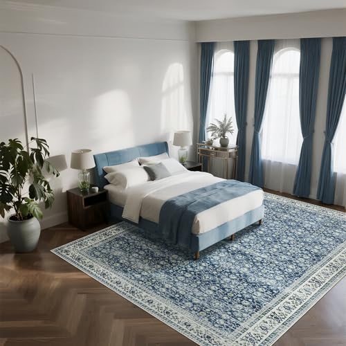 8x10 Boho Washable Area Rugs for Living Room,Bedroom,Dining Room-White Blue