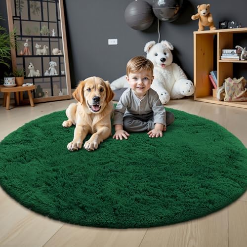 OLANLY Dark Green Round Rugs for Bedroom - Machine Washable, 4 ft Circle Area Rugs for Living Room, Soft and Fluffy Shaggy Carpet for Teen Girls and Boys, Nursery Rooms, Dorms, Home Decor Aesthetic