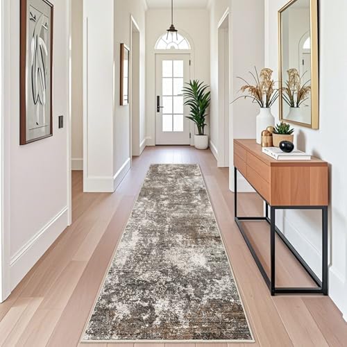2x10 Washable Hallway Runner Rug – Non-Slip Stain-Resistant Low-Pile Long Carpet Runner for Kitchen Entryway Living Room Bedroom Bathroom, Modern Abstract Neutral (Brown Beige,2x10)