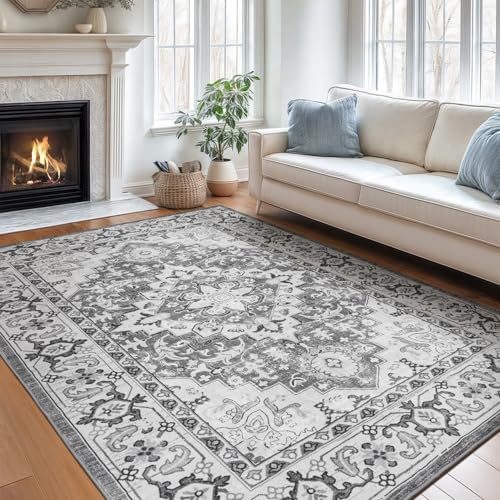 Lofus 5x7 Area Rugs for Living Room Bedroom, Soft Boho Carpet Floral Grey