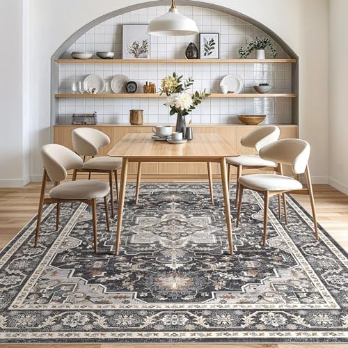 cotiled 10x12 Area Rug for Living Room, Washable, Traditional, Black